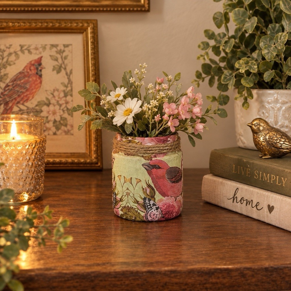 Handcrafted  Cardinal Bird Decoupage Trinket Jar  Home Decor Gift